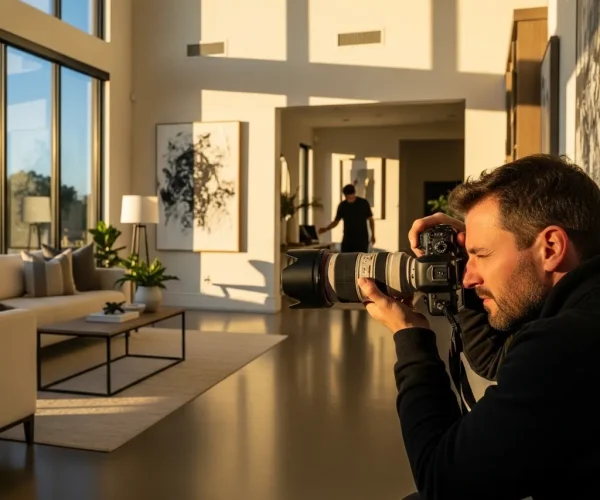 Ein Fotograf mit einer Kamera in der Hand, der in einem hellen Raum mit großflächigen Fenstern steht, während im Hintergrund eine weitere Person zu sehen ist.